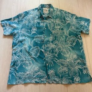 Tasso Elba Teal Button Down White Floral Short Sleeve Shirt